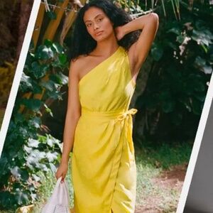 Anthropologie Yellow Linen One Shoulder Dress Size 6 EUC